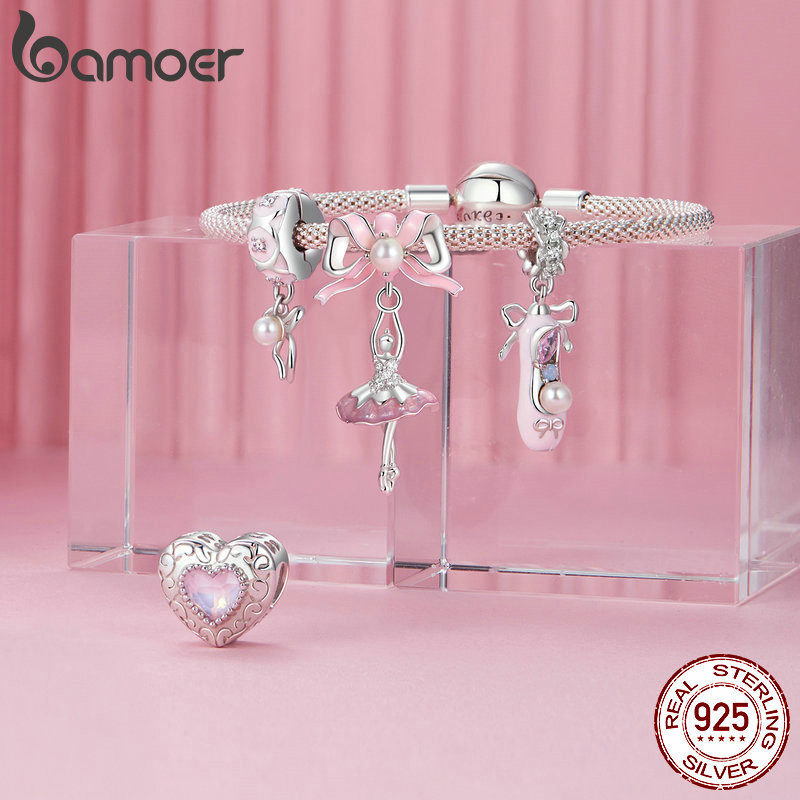 Bamoer 925 Sterling Sliver Charm Girlish Heart Ballet Swan Bow Mặt dây chuyền cho vòng tay Quà tặng