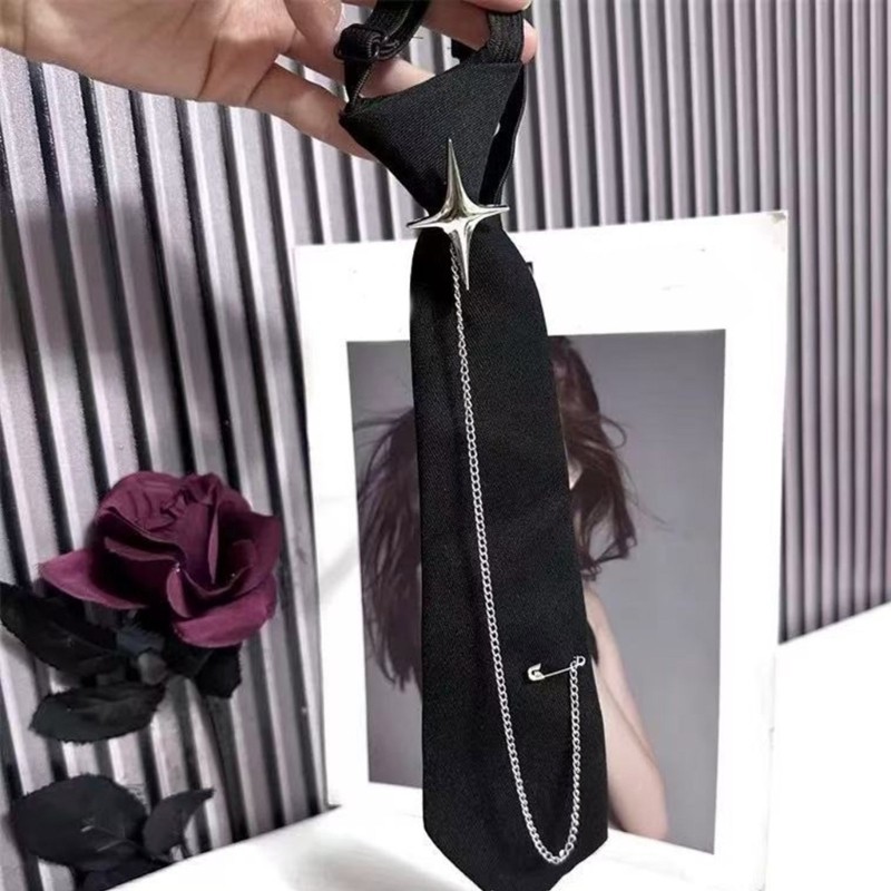 YOI Unisex Crosses Pin Chain Cà Vạt Đen Tuyên Bố Thời Trang Phụ Kiện Cho Đồng Phục Đi Học Và Trang Phục Giải Trí Dây Buộc Trước
