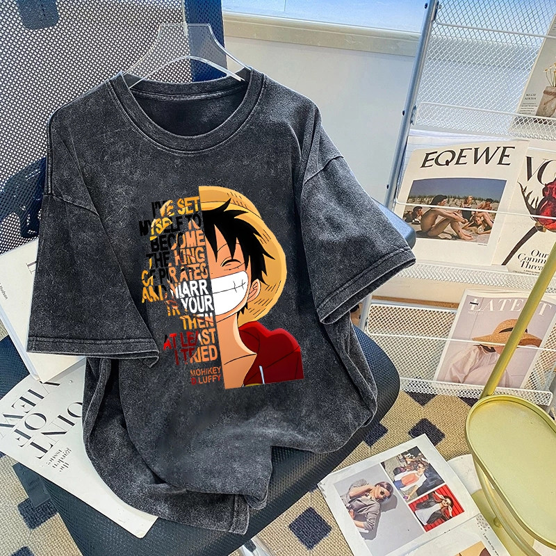 Áo thun ngắn tay 100% cotton nguyên chất ONE PIECE anime Luffy cho nam mùa hè vintage giặt sạch cá tính áo rộng đường phố