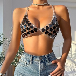 Hum Tua Rua Không Tay Lấp Lánh Kim Sa Lấp Lánh Cami Crop Tops Spaghetti Dây Đeo Đảng Áo