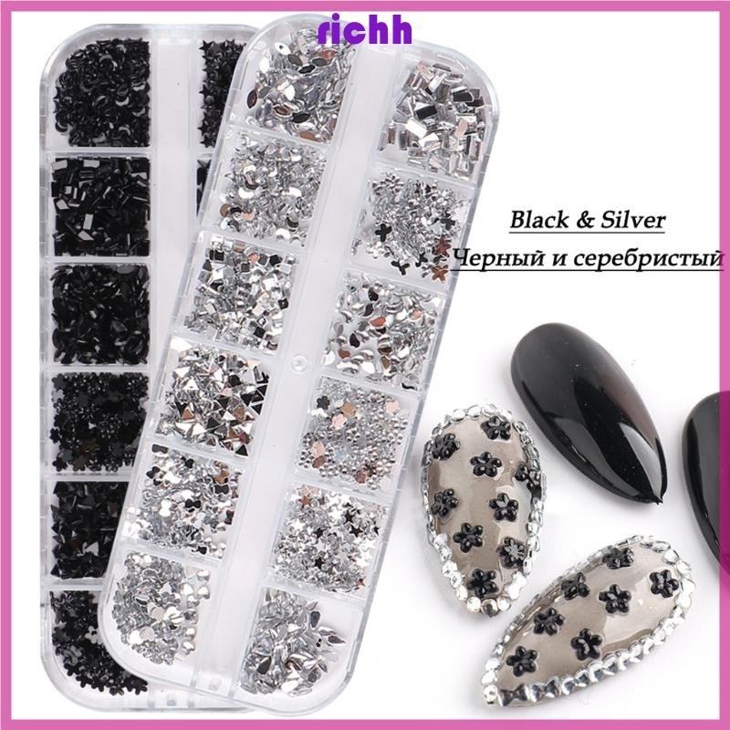 Richh 12 Lưới Sáng Bóng Móng Tay Kim Cương Móng Tay Đá Trang Trí Móng Tay DIY Móng Tay Nghệ Thuật Thủ Công