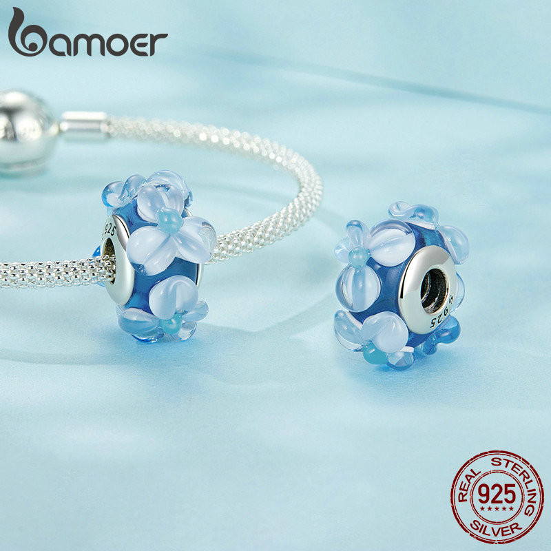 Bamoer 925 Sterling Sliver Charm Trái Tim Xanh Hoa Murano Hạt Mặt Dây Chuyền Phụ Kiện Series Cho Vòng Tay