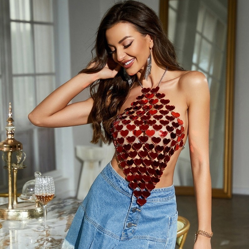 Vic Nữ Lấp Lánh Hình Trái Tim Kim Sa Lấp Lánh Bikini Cơ Thể Trang Sức Dây Lưng Cơ Thể Dây Xích Camisole Crop Top Đảng Clubwear