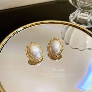 Pháp Retro Hepburn Phong Cách Baroque Bông Tai Ngọc Trai Hình Bầu Dục Nữ