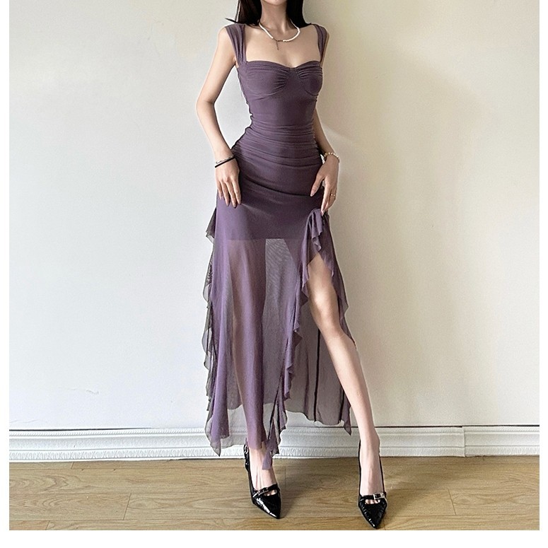 Cutenew Ruffle Edge Lưới Splice Đầm Dài Nữ Mùa Hè 2024 Màu Trơn Không Tay Bên Khe Ôm Vừa vặn Midi Đầm