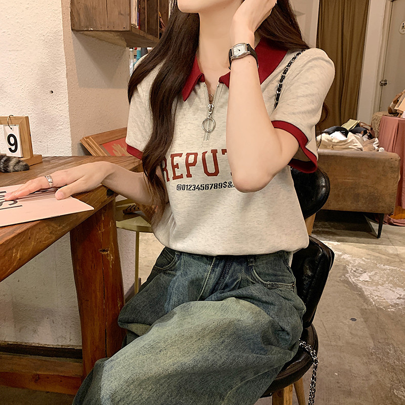 SUXI Retro In Hình Cổ Áo Polo Thường Ngày Đa Năng Phong Cách Hàn Quốc Áo Thun Nữ Tay Ngắn 240320