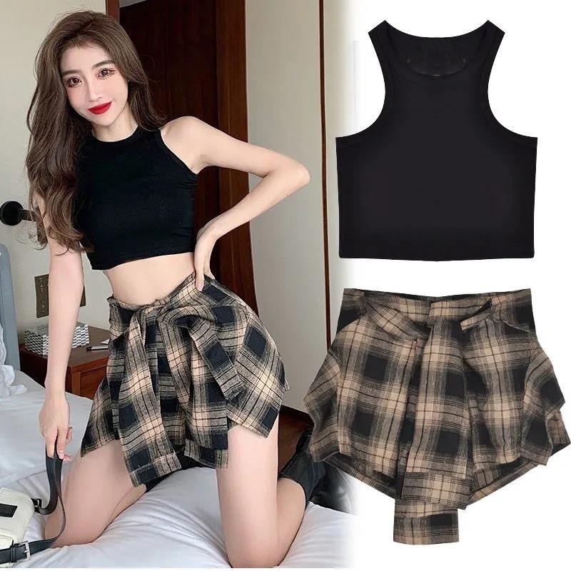 set đồ nữ Bộ Đồ Nữ Mùa Hè Phong Cách Mới Rời Tất Cả Trận Đấu Mỏng Hơn Nhìn Cô Gái Nóng Áo Vest Ngắn Top Kẻ Sọc Quần Short Hai Mảnh Phù Hợp Với
