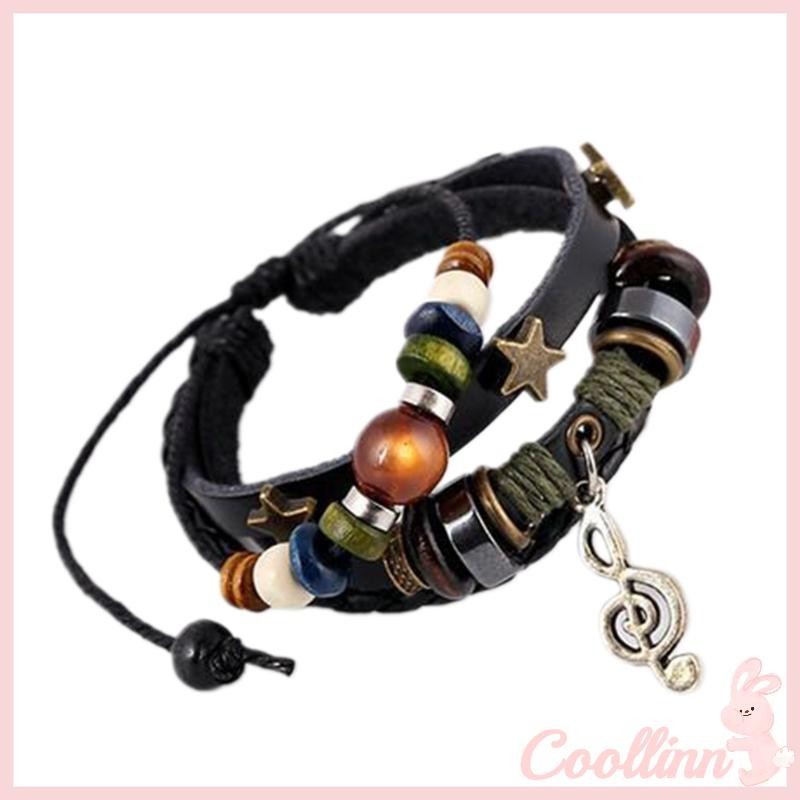 Cooo Vòng Tay Bện Dây Da Nâu Nhiều Lớp Gắn Hạt Gỗ Phong Cách Bohemian Lướt Sóng