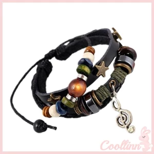 Cooo Vòng Tay Bện Dây Da Nâu Nhiều Lớp Gắn Hạt Gỗ Phong Cách Bohemian Lướt Sóng