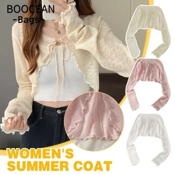 BOOCEAN Áo len chống nắng, Áo chống nắng dài tay mỏng, Thiết kế nếp nhăn bằng vải Polyester Quần áo chống nắng Áo khoác ngắn giản dị dành cho nữ