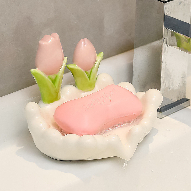 Khay Đựng Xà Phòng Thoát Nước Hoa Tulip - Khay Để Đồ Decor Bằng Gốm Sứ Hoạ Tiết Hoa Hồng Để Nhà Tắm