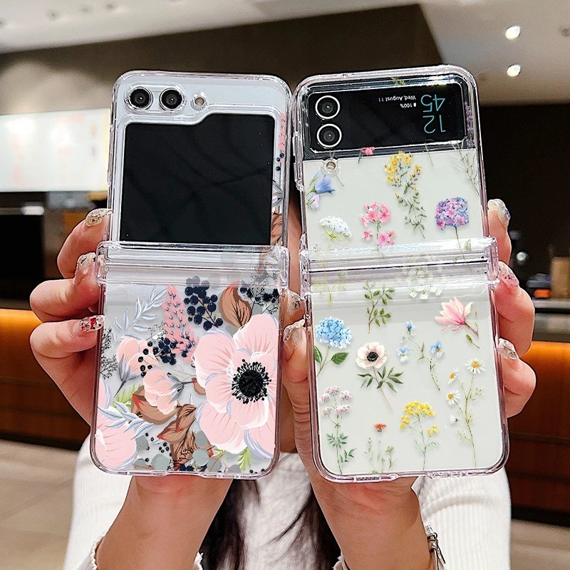 Ốp Điện Thoại Gấp Siêu Mỏng Trong Suốt Chống Sốc Cho Samsung Galaxy Z Flip 5 Flip 4 Flip 3 Ốp Lưng Full Bản Lề Hoa Trong Suốt Bìa Cứng