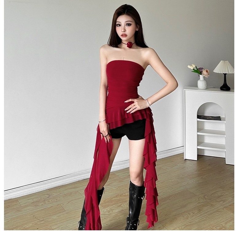 Klalien Mùa Hè Mới Phong Cách Gợi Cảm Thiết Kế Áo Ngực Sense Áo Vest Nữ Ruffle Edge Tua Rua Slim Fit Không Đều Top