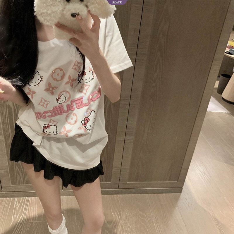 Phim hoạt hình Hello Kitty In Áo thun ngắn tay dáng rộng Nữ mùa hè Áo đa năng Dopamine ngọt ngào và đáng yêu [BL]