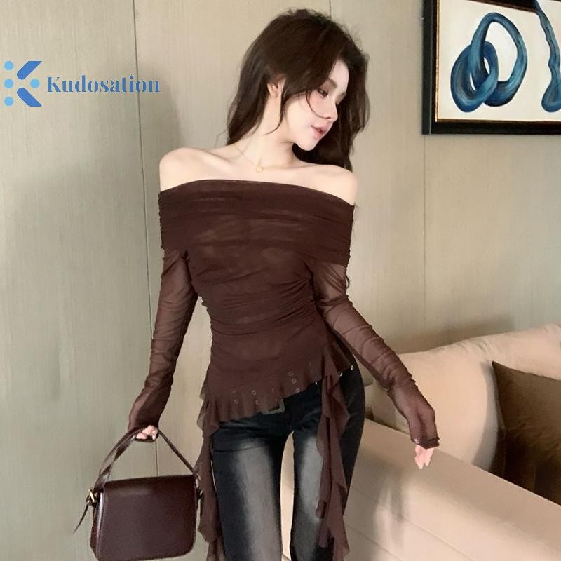 Kudosation Hot Girls Lưới Gợi Cảm Áo Thun Dài Tay Mỏng Không Đều Xù Ruy Băng Chống Nắng Top Đẹp