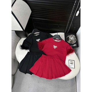 10-32kg Set áo đỏ đen tay phôi lông mix chân váy xếp ly TM cho bé gái