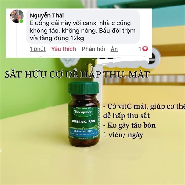 Viên Bổ Sung Sắt Hữu Cơ Thompson's Organic Iron 30 viên Của Úc không gây nóng & táo bón, dùng được mẹ bầu & sau sinh
