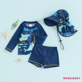 Mg-baby Boy 3 Cái Rash Guard Đồ Bơi Dễ Thương In Hình Cá Dài Tay Zip Up Bộ Đồ Tắm Đồ Bơi