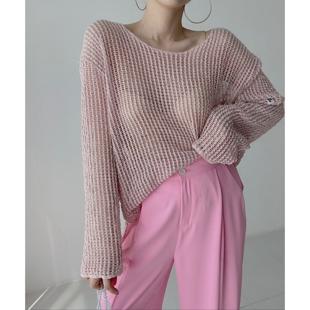 Suxi Retro Thời Trang Phong Cách Hàn Quốc Cổ Tròn Dài Tay Nữ Mỏng Rỗng Dệt Kim 240305
