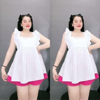 Set bộNHỎ CLOTHING bigsize nữ áo sơ mi cánh tiên kèm quần short eo chun co giãn chất lụa chéo mềm mát xinh xắn SET903
