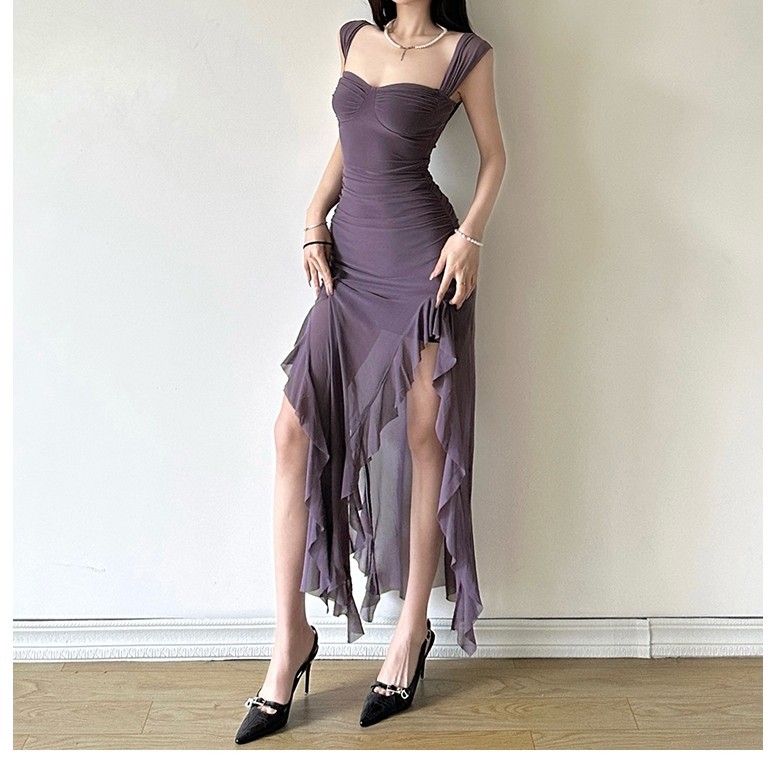 Cutenew Ruffle Edge Lưới Splice Đầm Dài Nữ Mùa Hè 2024 Màu Trơn Không Tay Bên Khe Ôm Vừa vặn Midi Đầm