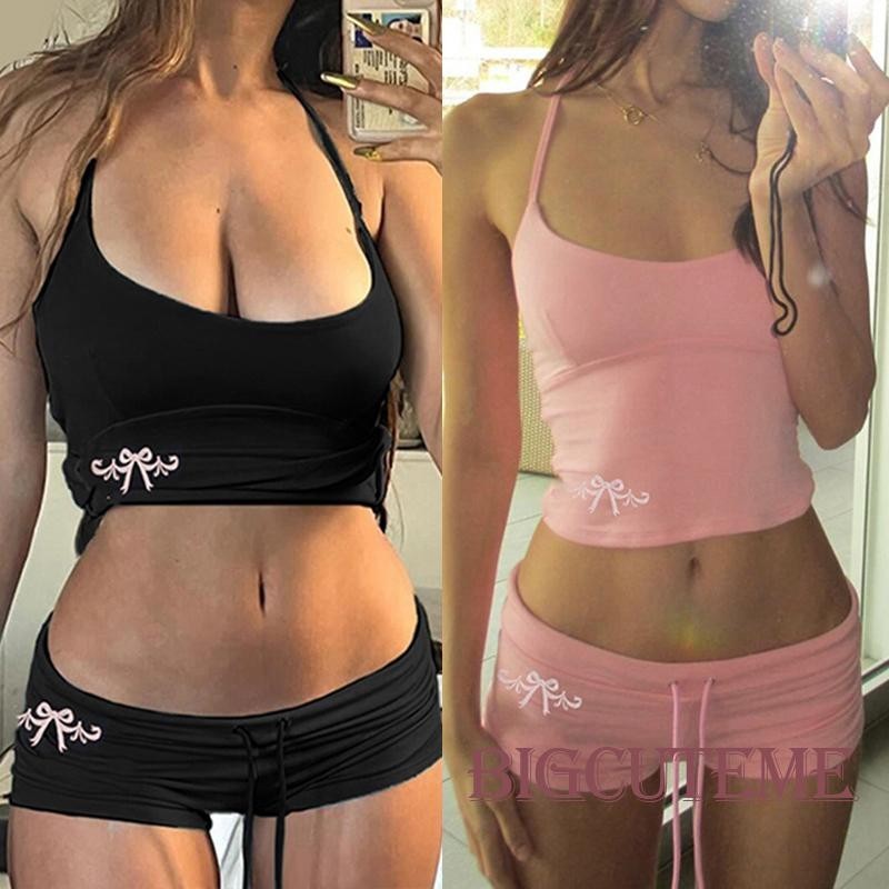 [] -Bộ 2 món mùa hè dành cho nữ Áo yếm không tay cổ + Quần short dây rút