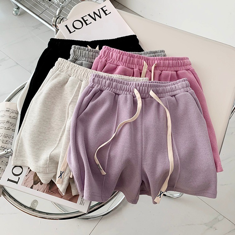 Suxi - Đơn giản và lỏng lẻo Mới Màu trơn Phong cách Hàn Quốc Dây rút thời trang thông thường Quần short nữ cạp cao 240405