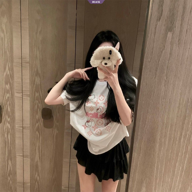 Phim hoạt hình Hello Kitty In Áo thun ngắn tay dáng rộng Nữ mùa hè Áo đa năng Dopamine ngọt ngào và đáng yêu [BL]