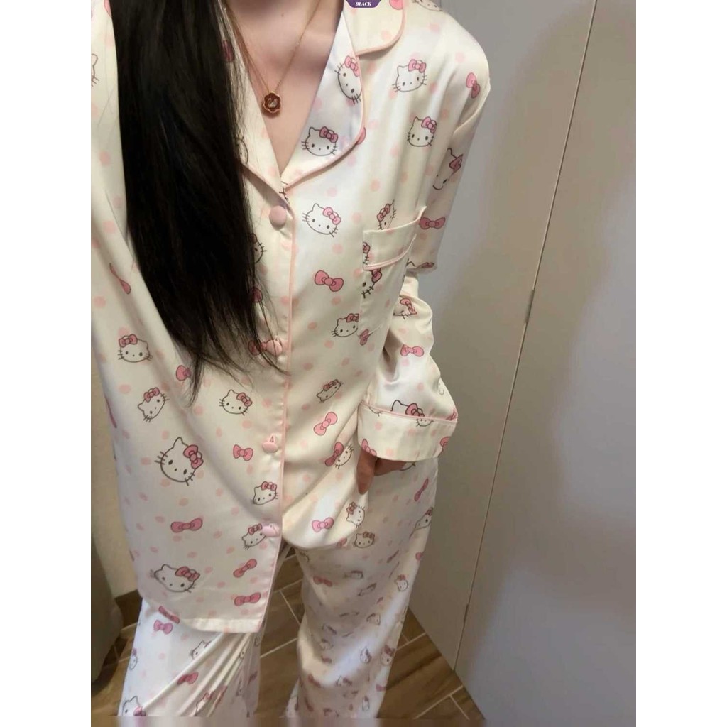 Sweet Pink Polka Dot Hellokitty Bộ Đồ Ngủ Nữ Xuân Thu Mới Quần Dài Tay Bộ Đồ Quần Áo Gia Đình [BL]