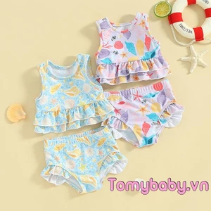 Bộ đồ tắm mùa hè cho bé gái Bộ đồ tắm không tay in hình sao biển + Bộ đồ bơi quần short