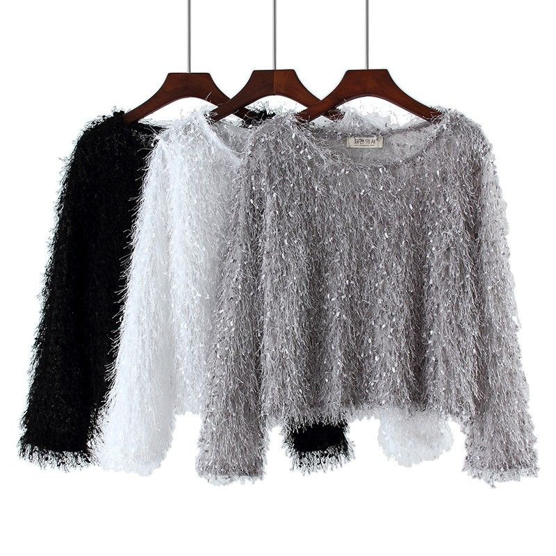 Milyfashion Chui Đầu Viền Top Mùa Thu Phong Cách Mới Rời Cổ Tròn Lông Tơ Sáng Lụa Dài Tay Áo Thun Đế