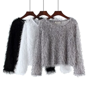 Milyfashion Chui Đầu Viền Top Mùa Thu Phong Cách Mới Rời Cổ Tròn Lông Tơ Sáng Lụa Dài Tay Áo Thun Đế