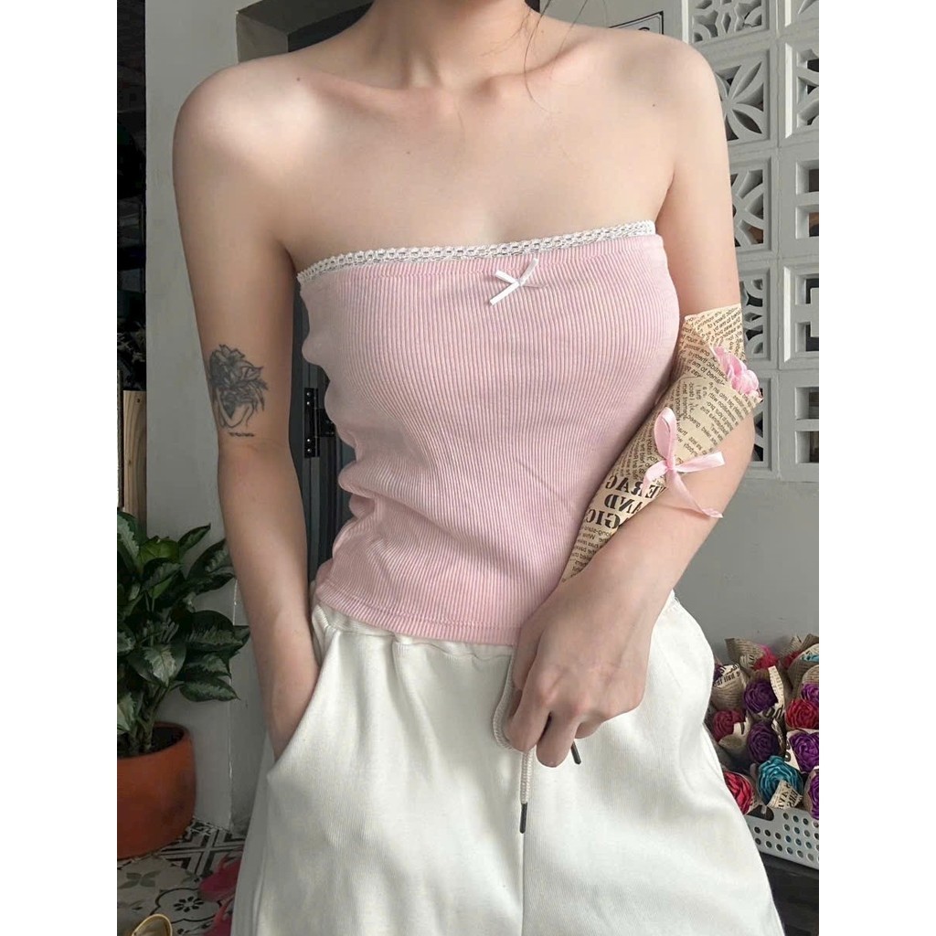 BARE_Áo quây nữ phối ren và nơ điệu đà, Áo quây không mút ngực ôm body - A204