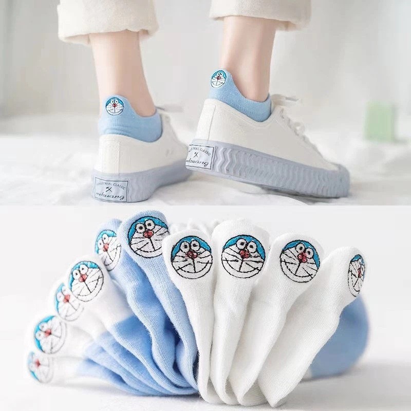 [[Thêu]] Tất Nữ Cotton Xanh Béo Mùa Xuân Hè Hút Mồ Hôi Doremon Thoáng Khí