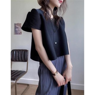 Miyake Xếp Ly Hàng Sẵn Có Mùa Xuân Mùa Hè 2024 Phong Cách Mới Xếp Ly Ngắn Cardigan Nhỏ Áo Khoác Mỏng Thẳng Rộng Viền Quần Ống Rộng Bao...