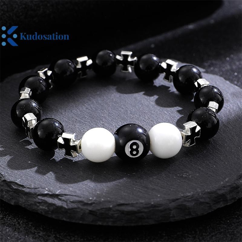 Kudosation Bida Đen 8 Hạt Vòng Tay Nam Nữ Handmade Chữ Thập May Mắn Đàn Hồi Vòng Tay Nam Hip Hop Trang Sức Phụ Kiện