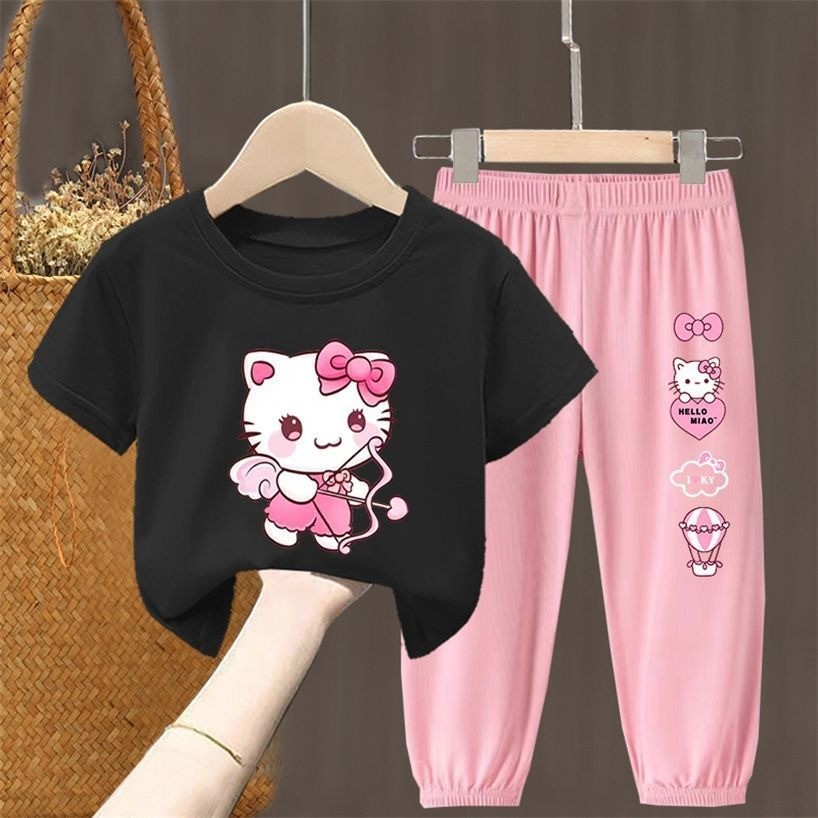 2025 Mèo Kitty Mới Trẻ Em Mùa Hè Bộ Áo Thun Tay Ngắn Thời Trang Và Quần Chống Muỗi Trang Phục Thường Ngày Và Đa Năng Cho Bé Trai Và Bé Gái