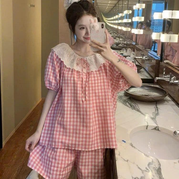 Bộ Đồ Ngủ Đùi Pijama Nữ Kẻ Caro Thắt Nơ Xinh Xắn Áo Tay Ngắn Quần Short Big Size Hàng Cao Cấp – PINK