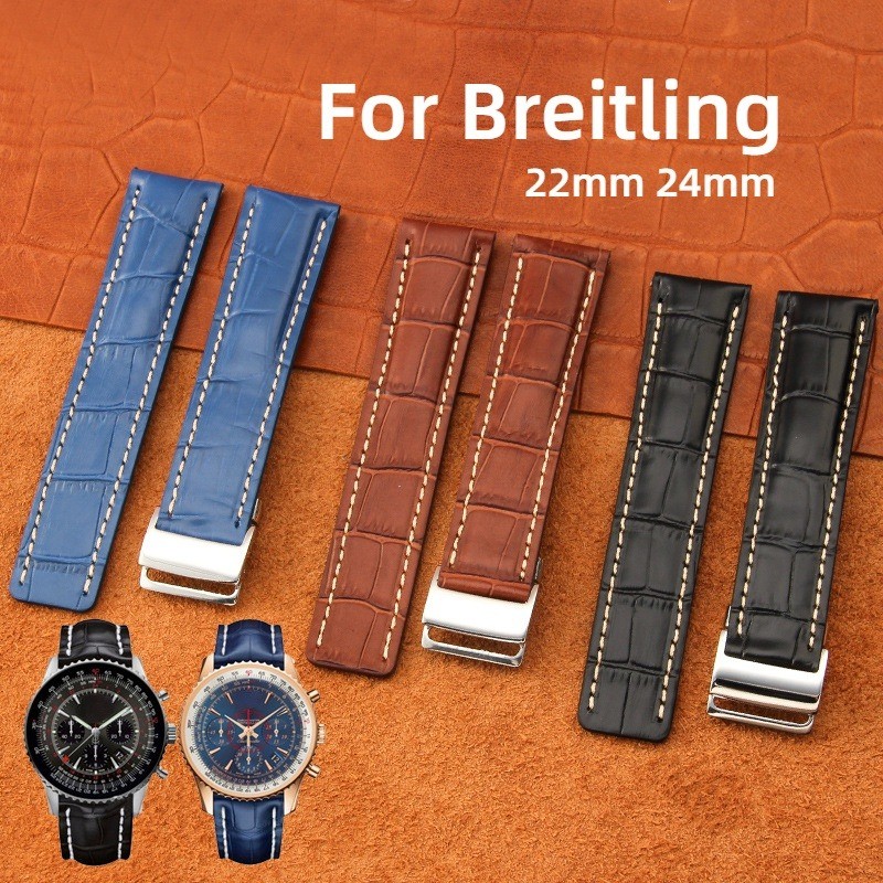 Dây đeo đồng hồ bằng da thật cổ điển 22mm 24mm cho dây đeo đồng hồ Breitling Da bò Avenger Navitimer Vòng tay thế giới Hoa văn tre Dây đeo đồng hồ nam nữ Phụ kiện kinh doanh