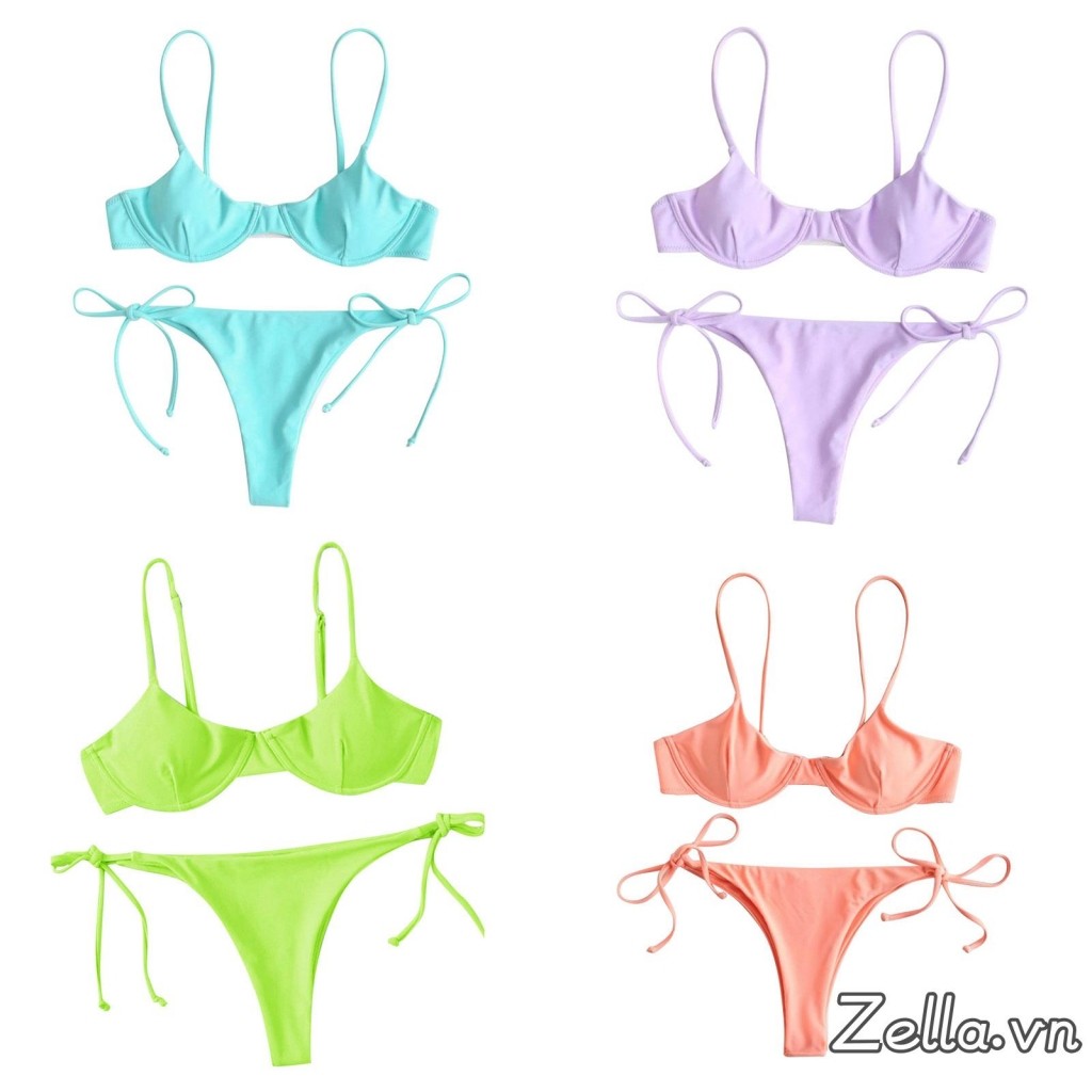 Bộ Bikini Nữ Màu Trơn / In Hình Cổ Chữ V + Quần Lót Ren Mùa Hè Chia Bộ Đồ Tắm