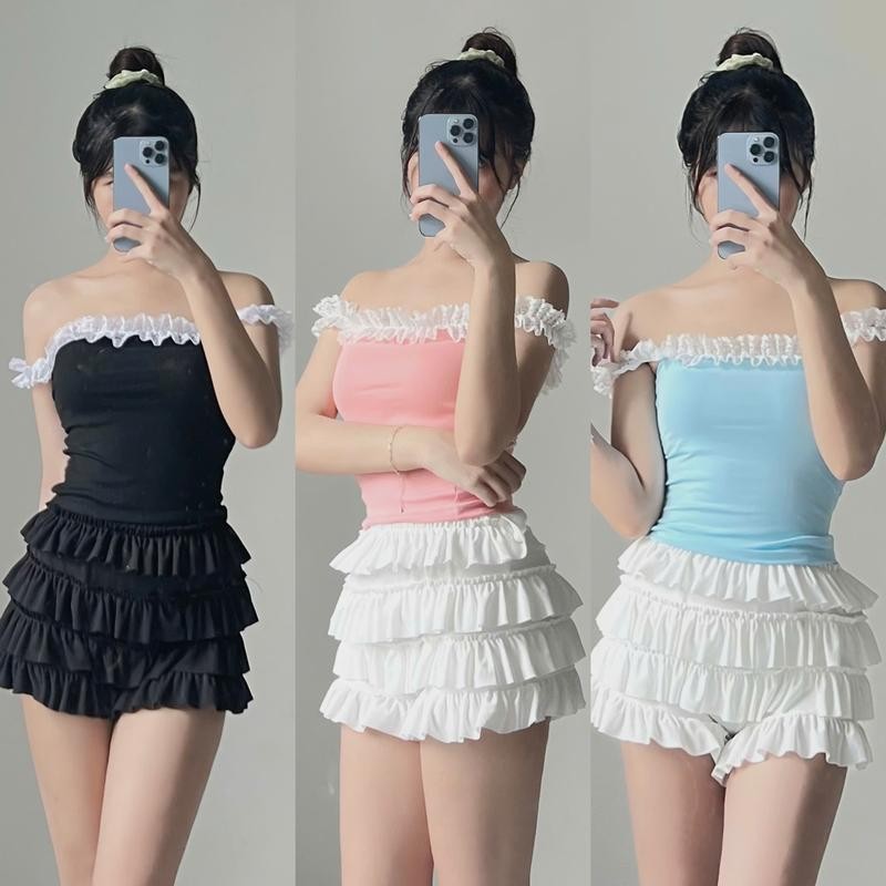 (Bán lẻ set) Áo hai dây nữ ôm body phối ren làm điểm nhấn chất thun borip ôm tôn dáng mix quần váy xoè- A3