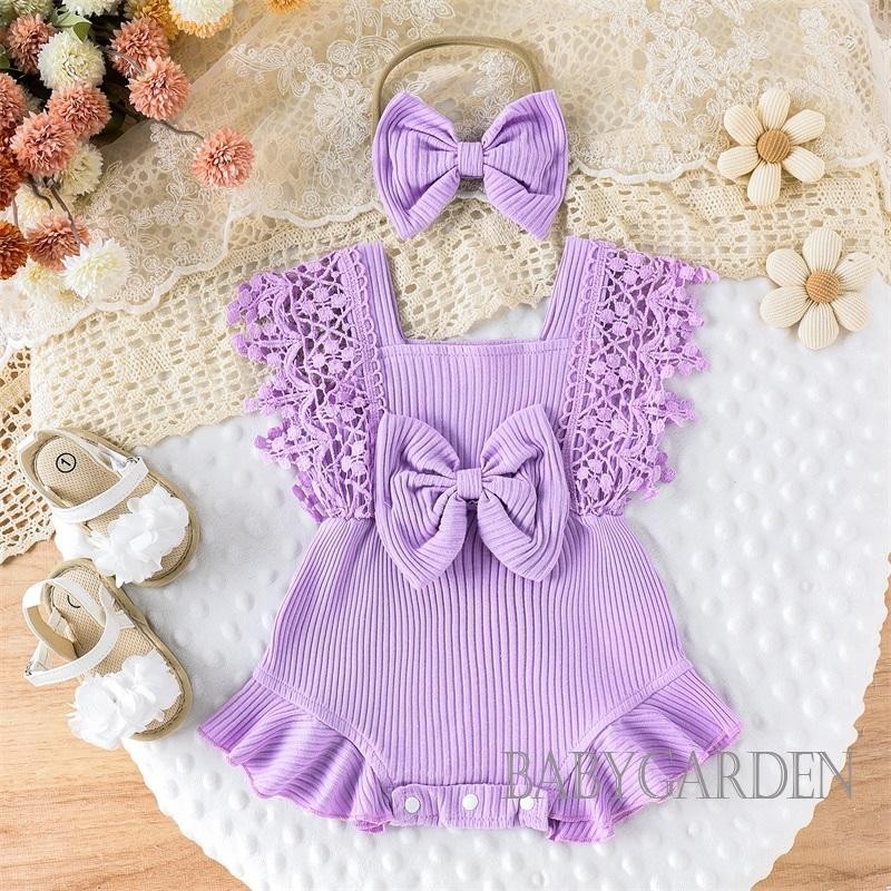 Bộ Áo Liền Quần Cổ Tròn Viền Ren + Băng Đô Thời Trang Mùa Hè Cho Bé Gái