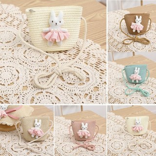 Túi Rơm Mini MELEN, Dây Kéo Hoạt Hình Bunny Kid Túi Messenger, Dễ Thương Handmade Dệt Tiền Xu Đạo Cụ Ảnh Túi Xách Đeo Ngang