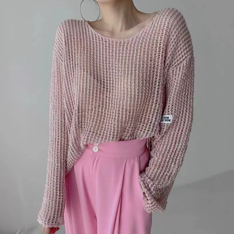 Suxi Retro Thời Trang Phong Cách Hàn Quốc Cổ Tròn Dài Tay Nữ Mỏng Rỗng Dệt Kim 240305