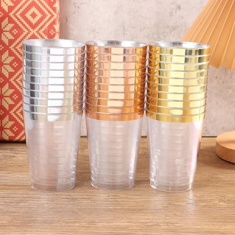 Ly rượu nhựa dùng một lần - 25PC 270ML Gold Clear Cups - Bộ đồ ăn có thể tái sử dụng - dành cho đồ uống, sinh nhật, đám cưới, tiệc tùng - Đồ dùng gia dụng