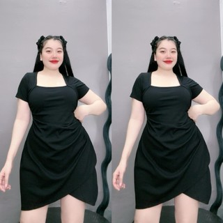 Váy thun NHỎ CLOTHING bigsize nữ tay ngắn cổ vuông dáng chữ A tà chéo tam giác chất thun tăm mềm mịn thời trang G658