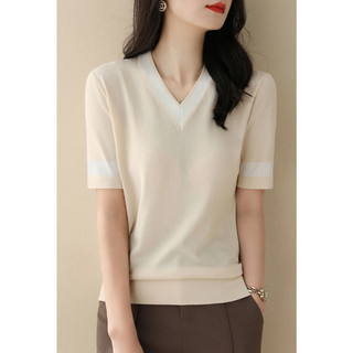 Mùa hè Phong Cách Mới Cổ Chữ V Màu-Blocking Ôm Hơn Nhìn Ngắn Tay Ice Silk Áo Len Tính Khí