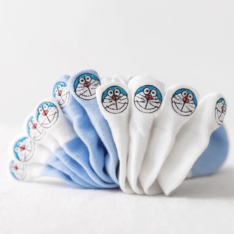 [[Thêu]] Tất Nữ Cotton Xanh Béo Mùa Xuân Hè Hút Mồ Hôi Doremon Thoáng Khí