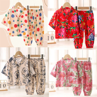 (80m-70kg) Phong Cách Mới Bé Trai Mian Silk Nút Cardigan Cổ Chữ V Bộ Đồ Ngủ Trẻ Em Dài Tay In Đồ Ngủ