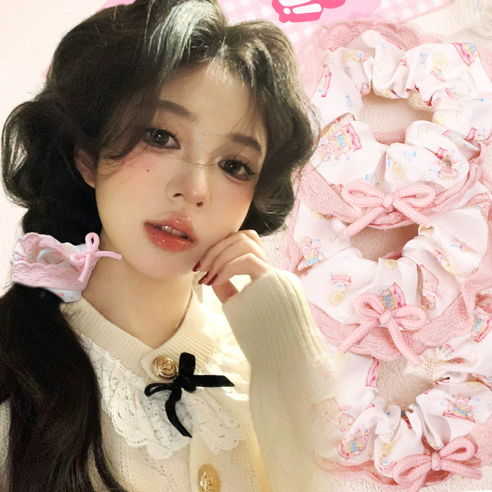 Dây buộc tóc ruột lớn nơ ren - Dây buộc tóc gấu nhỏ nơ - Dây buộc tóc co giãn cổ tích màu hồng - Phong cách Hàn Quốc, ngọt ngào, dễ thương - Phụ kiện tóc - Giá đỡ bện đuôi ngựa đôi